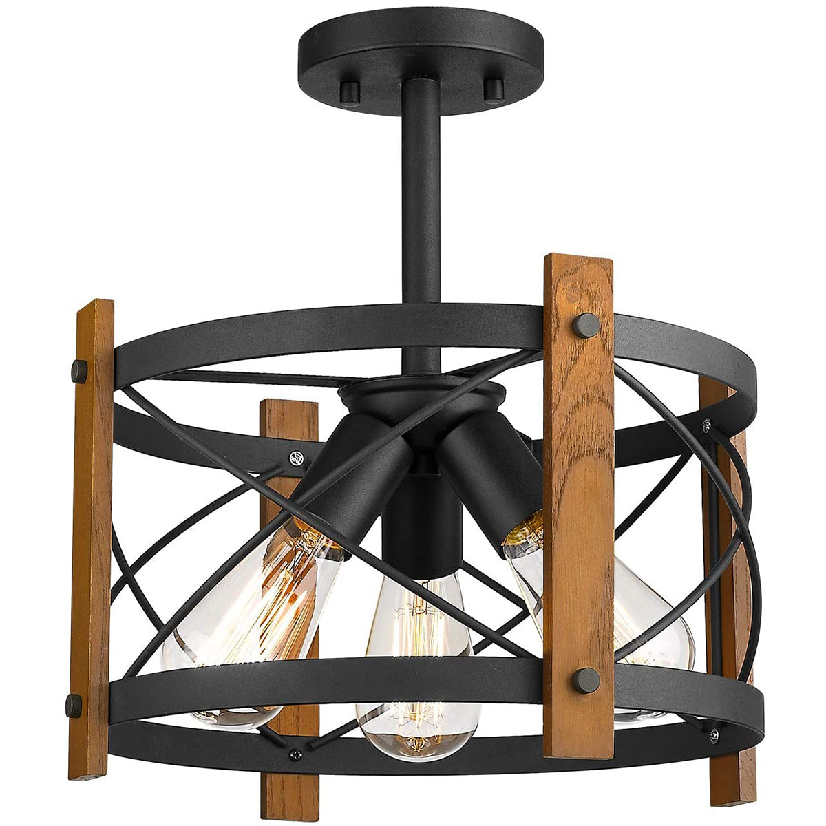3-Light Farmhouse Wooden Iron Ceiling Light