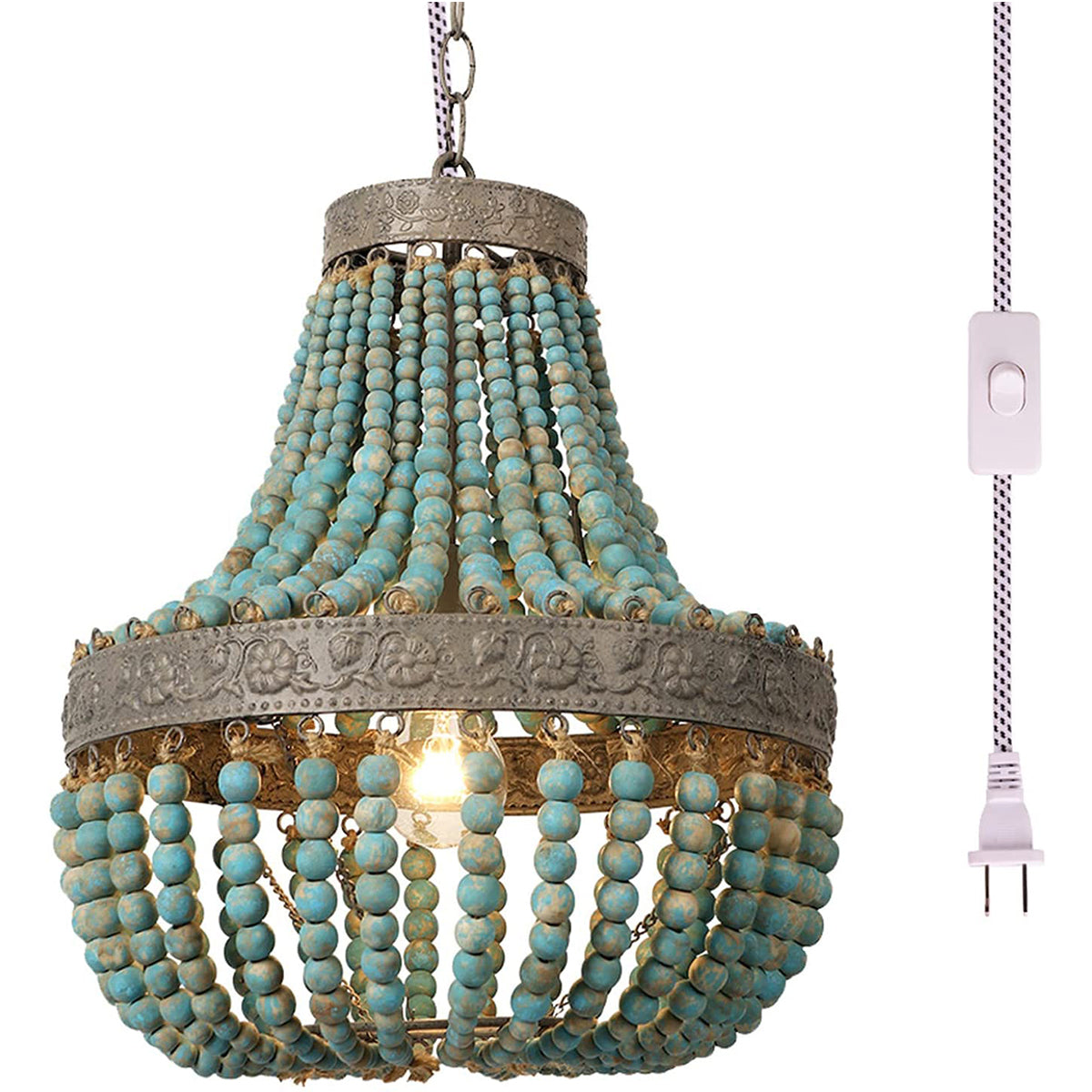 Blue Wood Bead Chandelier Pendant light,plug in