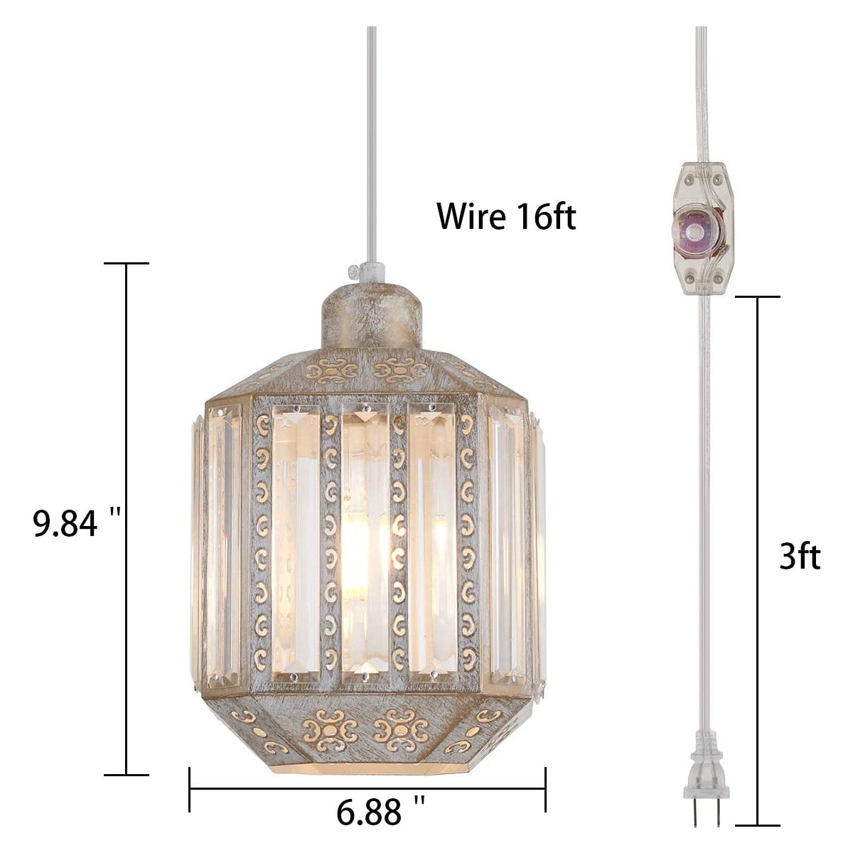 Crystal Rustic Hanging Pendant Light Plug in 16.4 FT