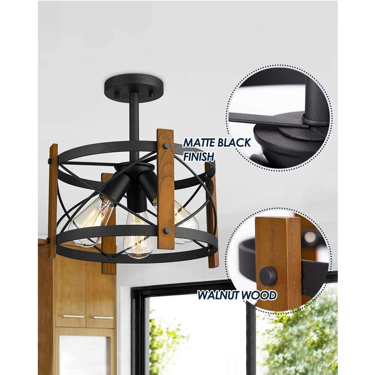 3-Light Farmhouse Wooden Iron Ceiling Light