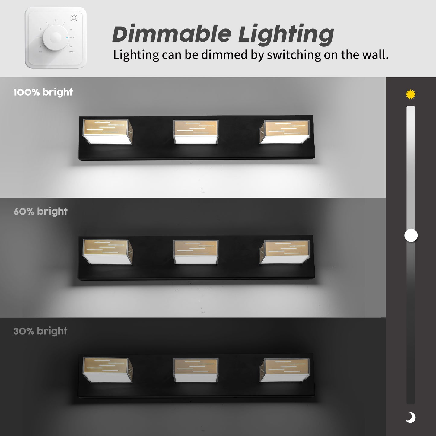 WOSBO Bathroom Vanity Light Fixture, Dimmable LED Modern Golden Black Matte Wall Lighting Over Mirror 3 Lights
