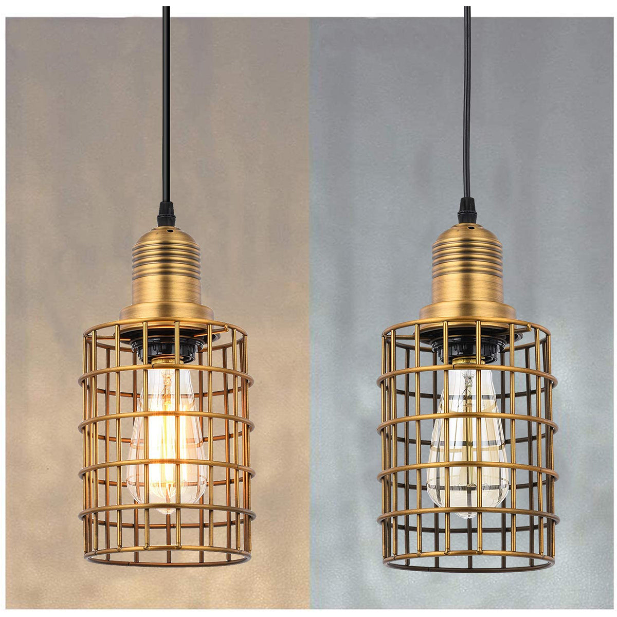 2 Pack Gold Cage Pendant Light with Plug in