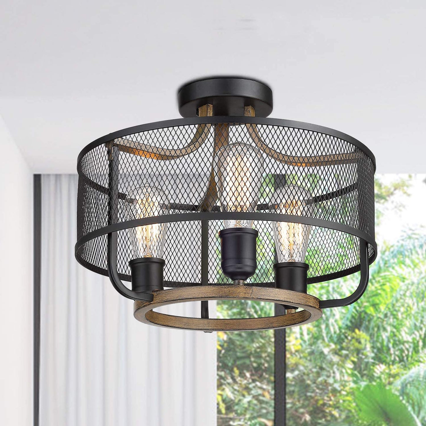 3-Light Industrial Iron Cage Ceiling Light Fixture