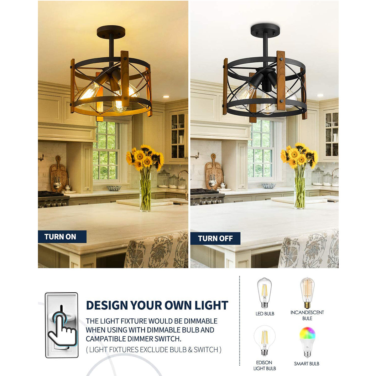 3-Light Farmhouse Wooden Iron Ceiling Light