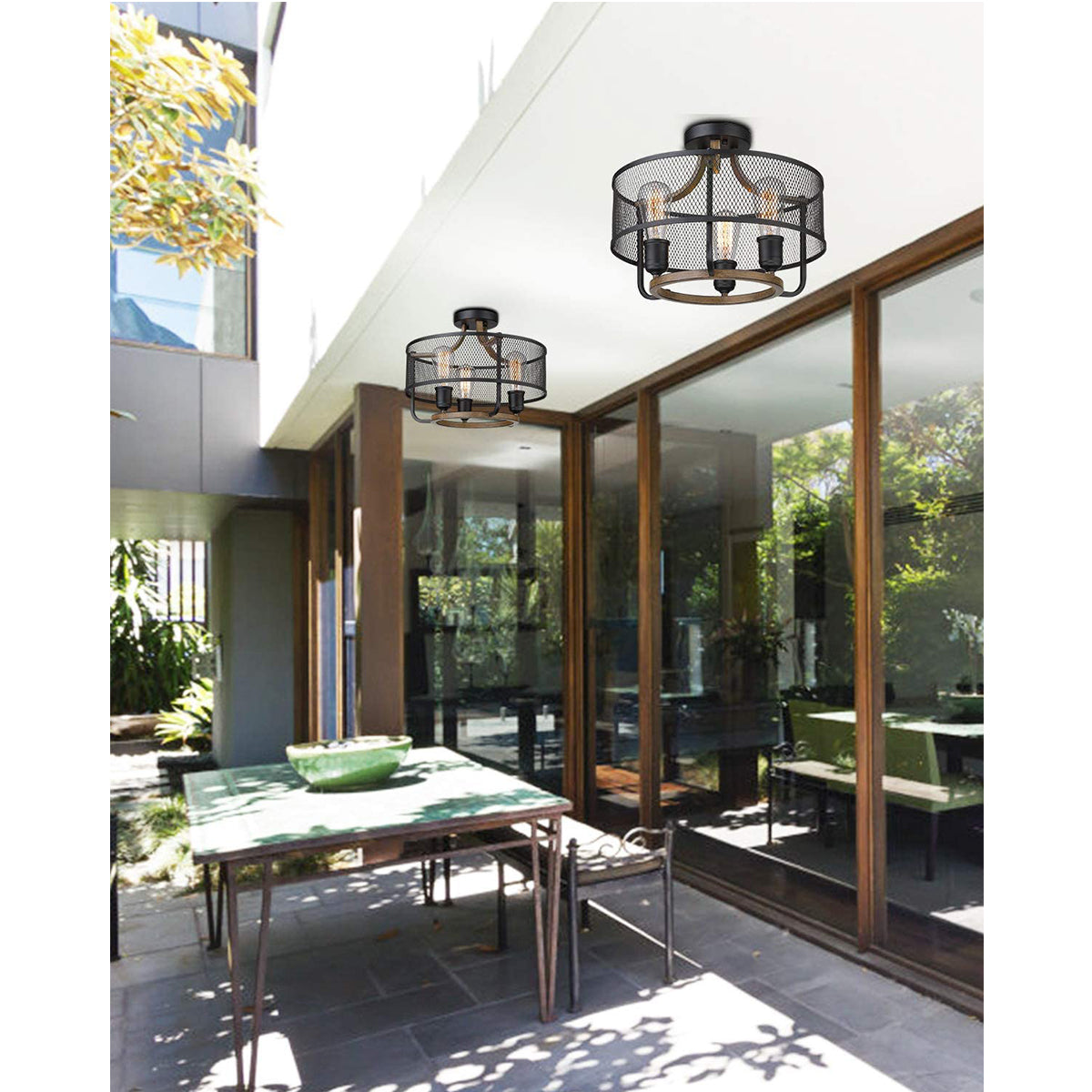 3-Light Industrial Iron Cage Ceiling Light Fixture