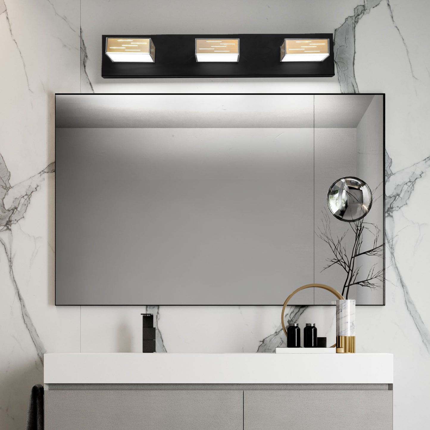 WOSBO Bathroom Vanity Light Fixture, Dimmable LED Modern Golden Black Matte Wall Lighting Over Mirror 3 Lights