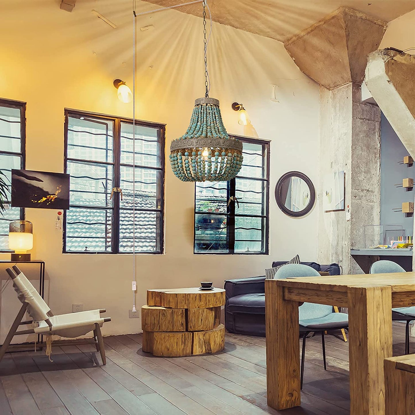 Blue Wood Bead Chandelier Pendant light,plug in