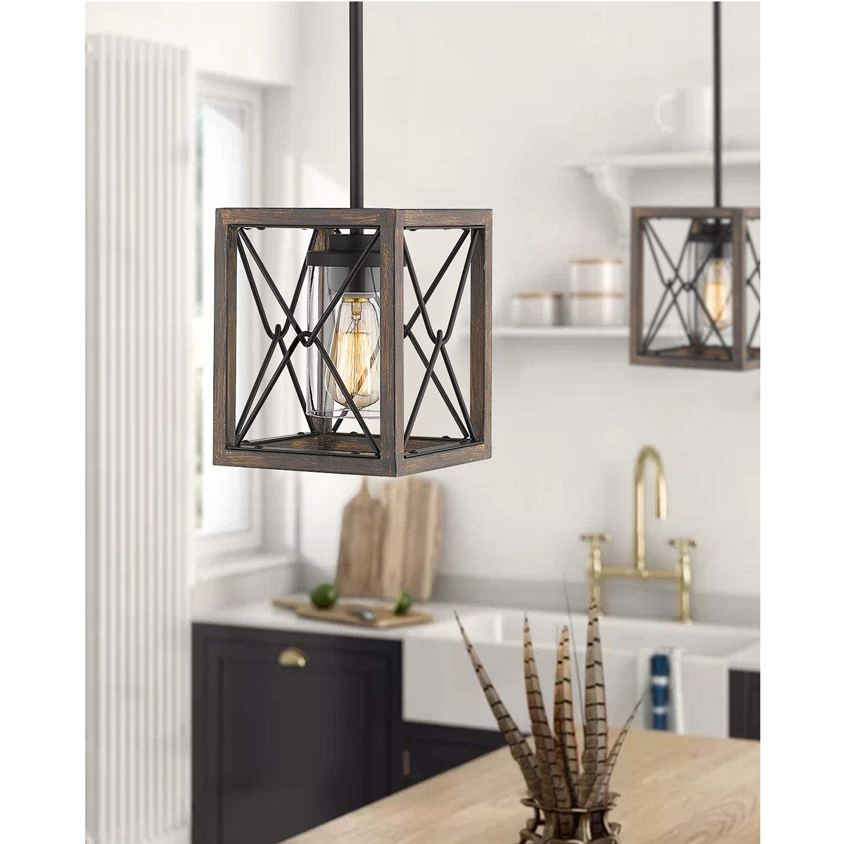 Vintage Pendant Light Wood Cage Hanging Light Farmhouse