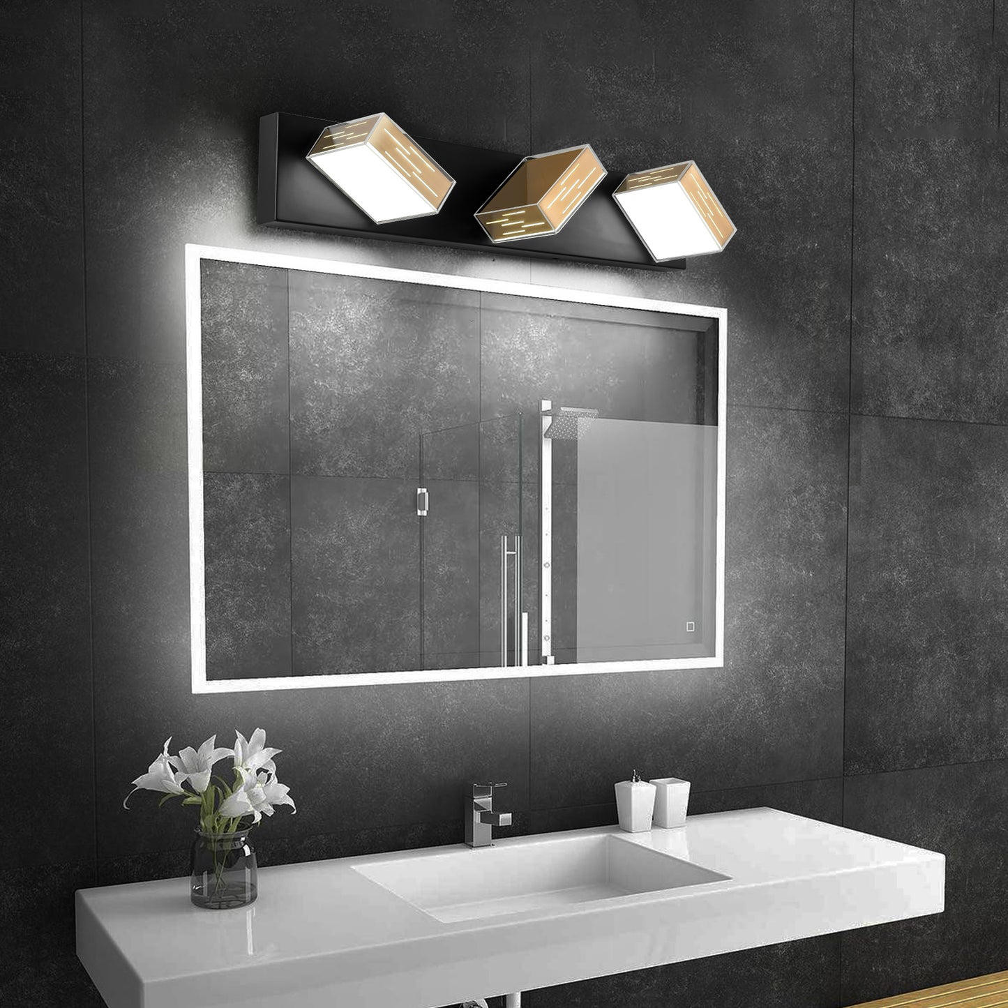WOSBO Bathroom Vanity Light Fixture, Dimmable LED Modern Golden Black Matte Wall Lighting Over Mirror 3 Lights