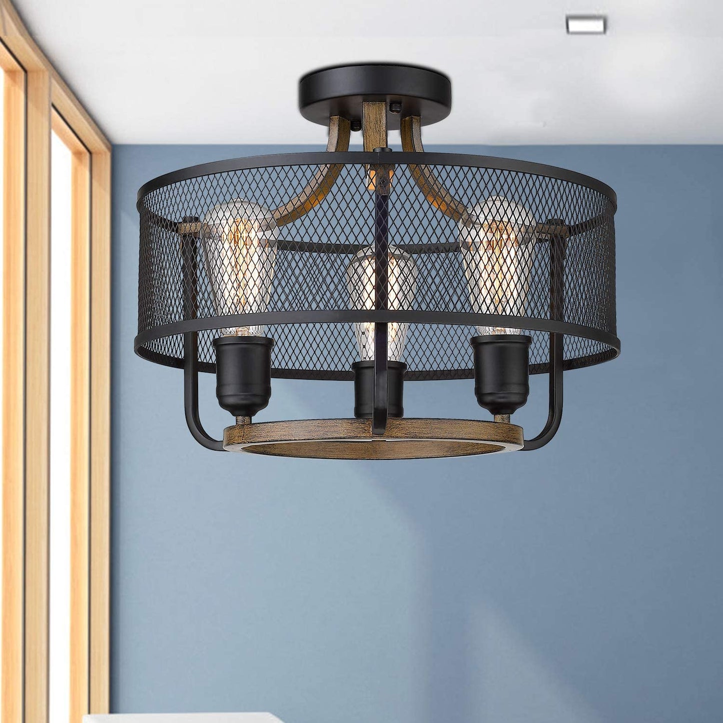3-Light Industrial Iron Cage Ceiling Light Fixture
