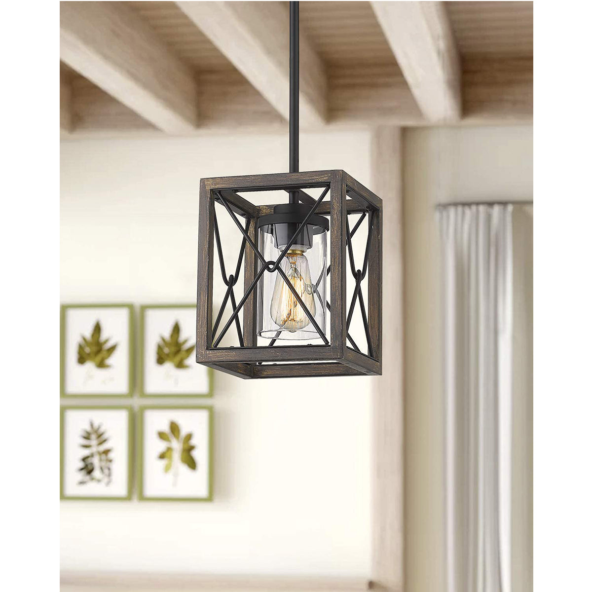 Vintage Pendant Light Wood Cage Hanging Light Farmhouse