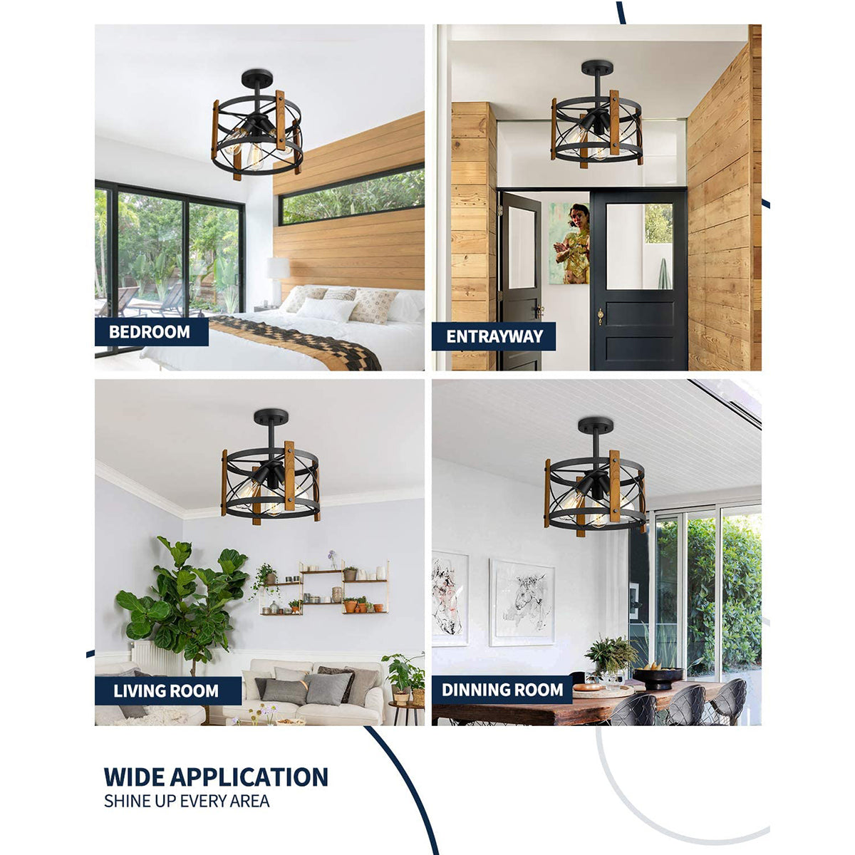 3-Light Farmhouse Wooden Iron Ceiling Light