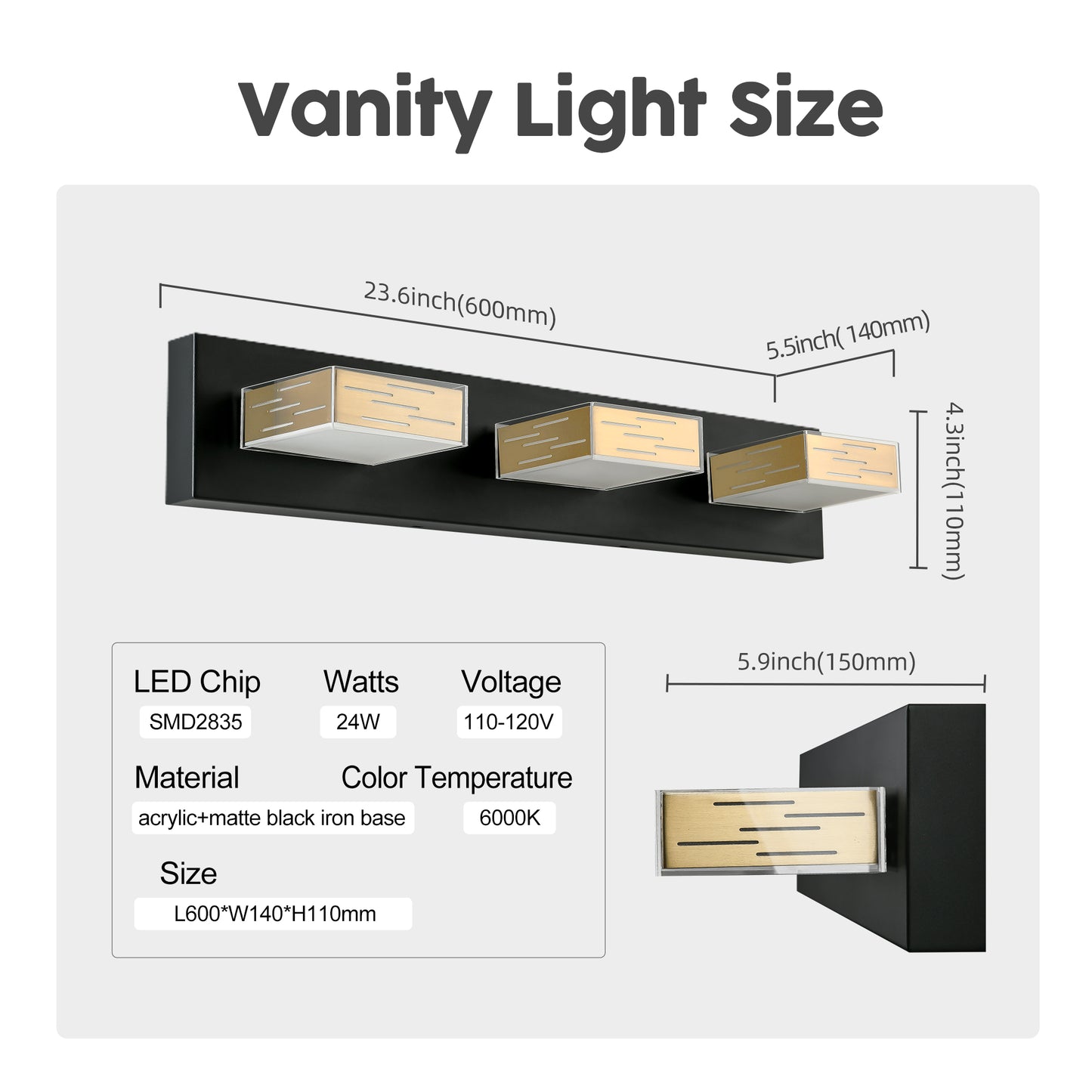 WOSBO Bathroom Vanity Light Fixture, Dimmable LED Modern Golden Black Matte Wall Lighting Over Mirror 3 Lights