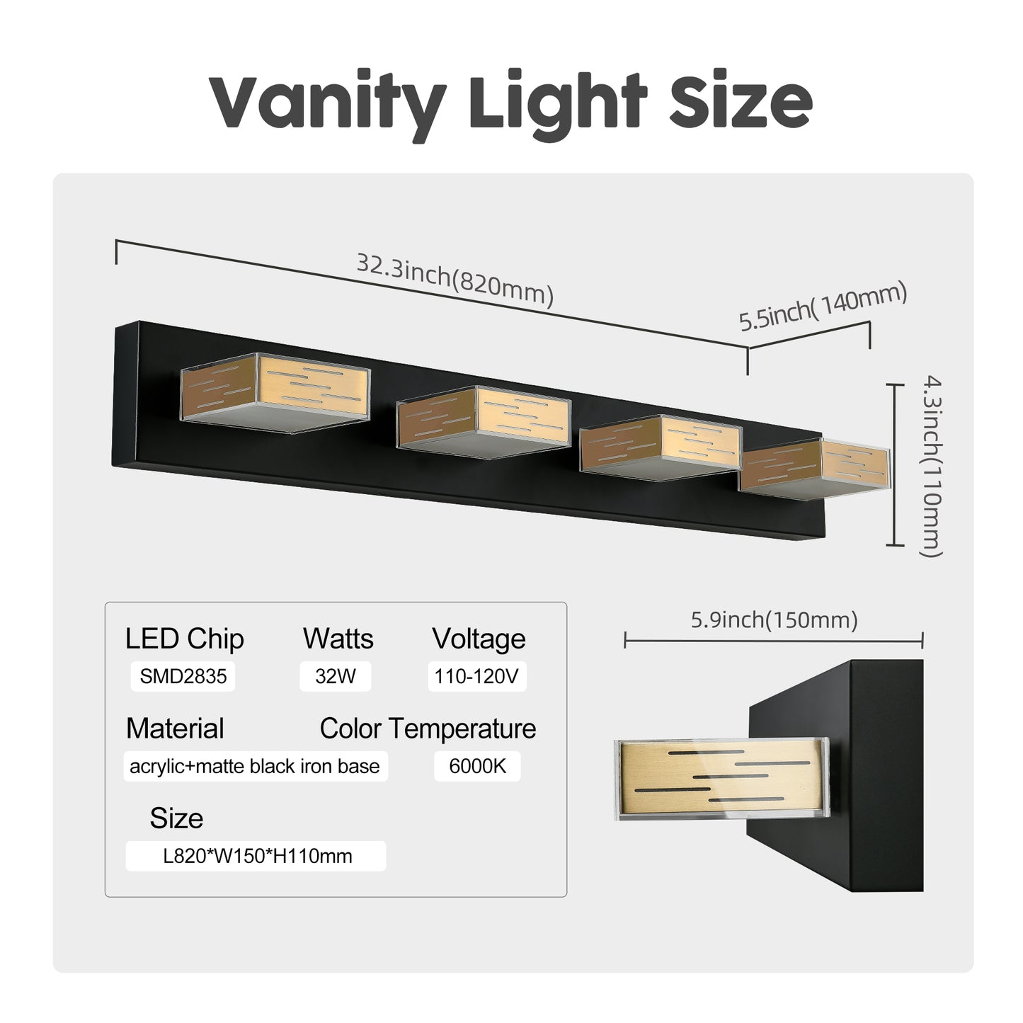 WOSBO Bathroom Vanity Light Dimmable LED Gold Copper Black Wall Light Fixture for Bathroom Over Mirror 4 Lights