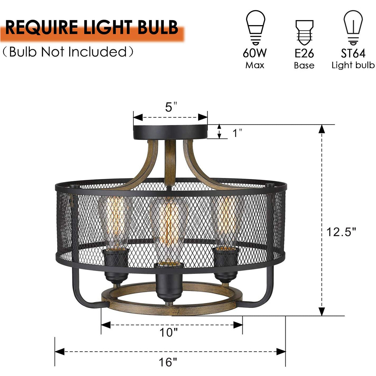3-Light Industrial Iron Cage Ceiling Light Fixture