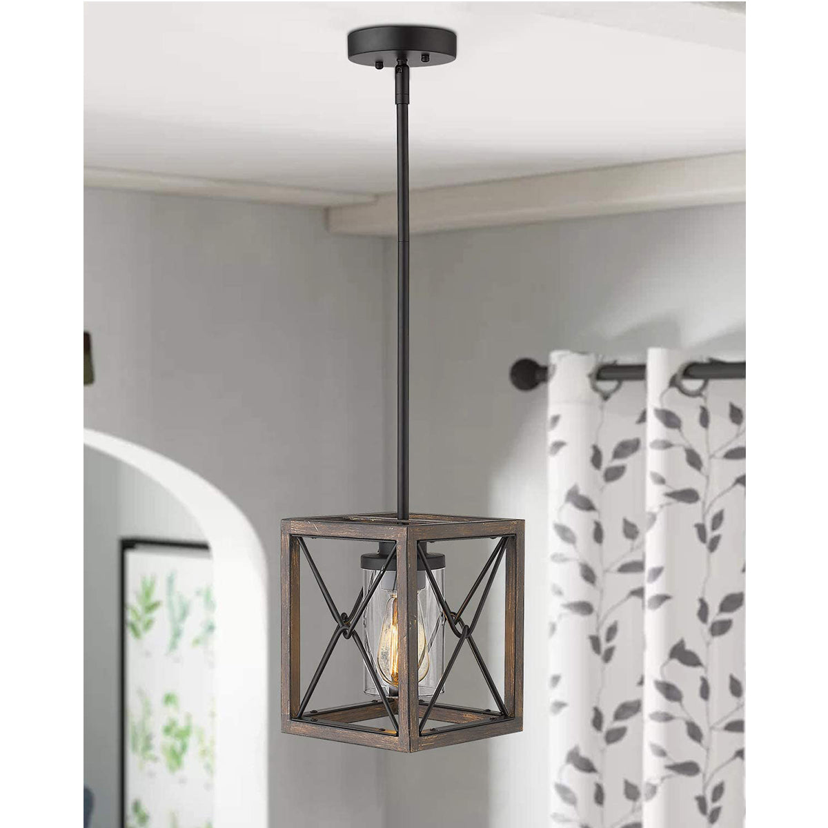 Vintage Pendant Light Wood Cage Hanging Light Farmhouse