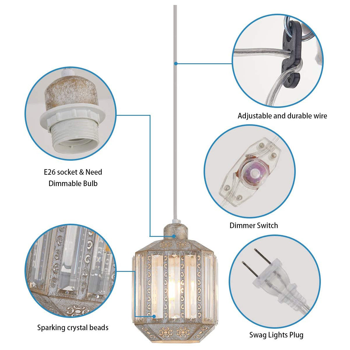 Crystal Rustic Hanging Pendant Light Plug in 16.4 FT