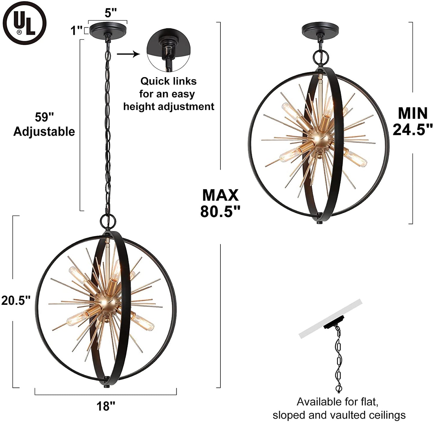 Mid Century Black and Gold Chandelier, 6-Light Chandelier