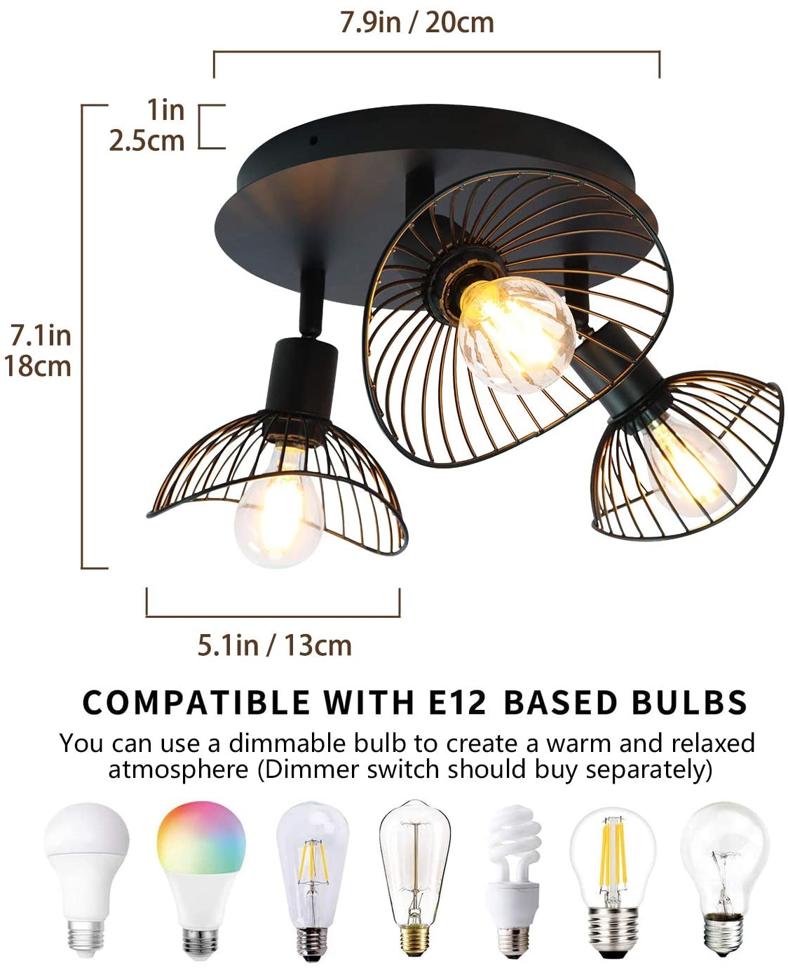 Industrial Ceiling Light,3-Light Rustic Semi Flush Mount Ceiling Light Fixture