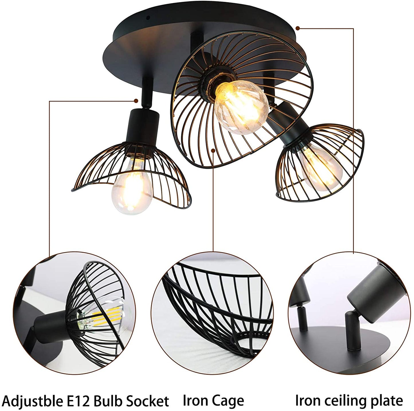 Industrial Ceiling Light,3-Light Rustic Semi Flush Mount Ceiling Light Fixture