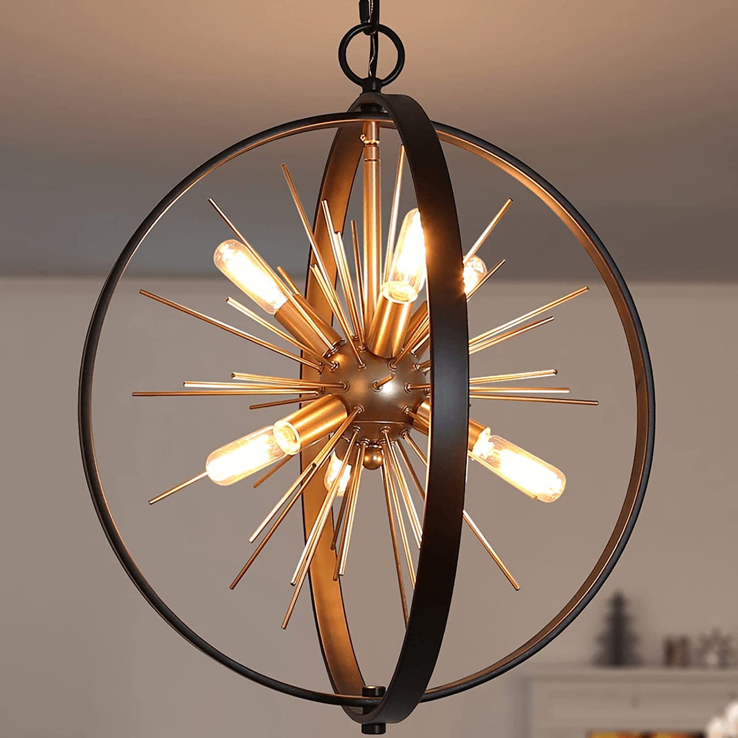 Mid Century Black and Gold Chandelier, 6-Light Chandelier
