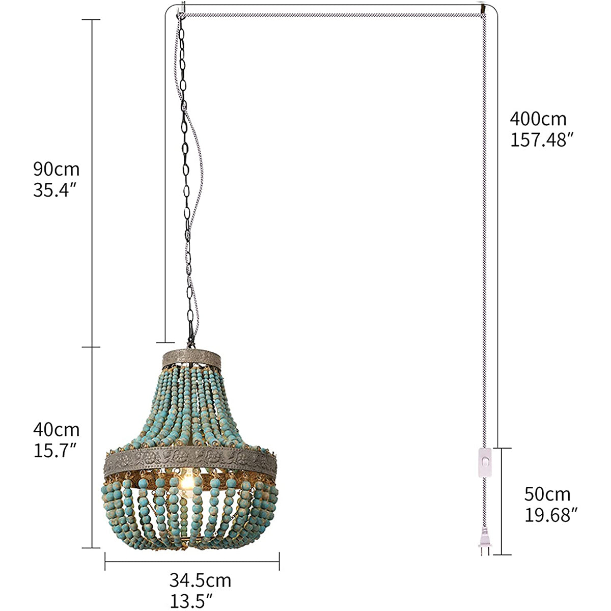 Blue Wood Bead Chandelier Pendant light,plug in
