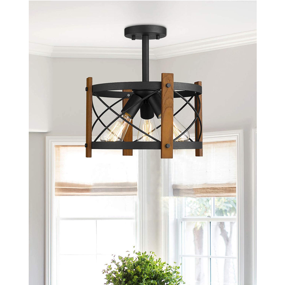 3-Light Farmhouse Wooden Iron Ceiling Light