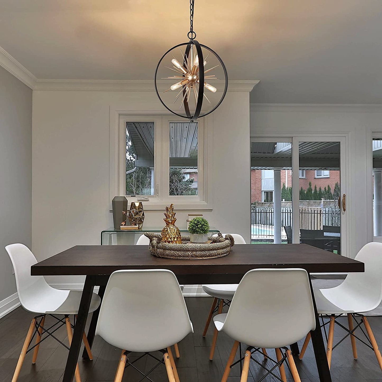 Mid Century Black and Gold Chandelier, 6-Light Chandelier