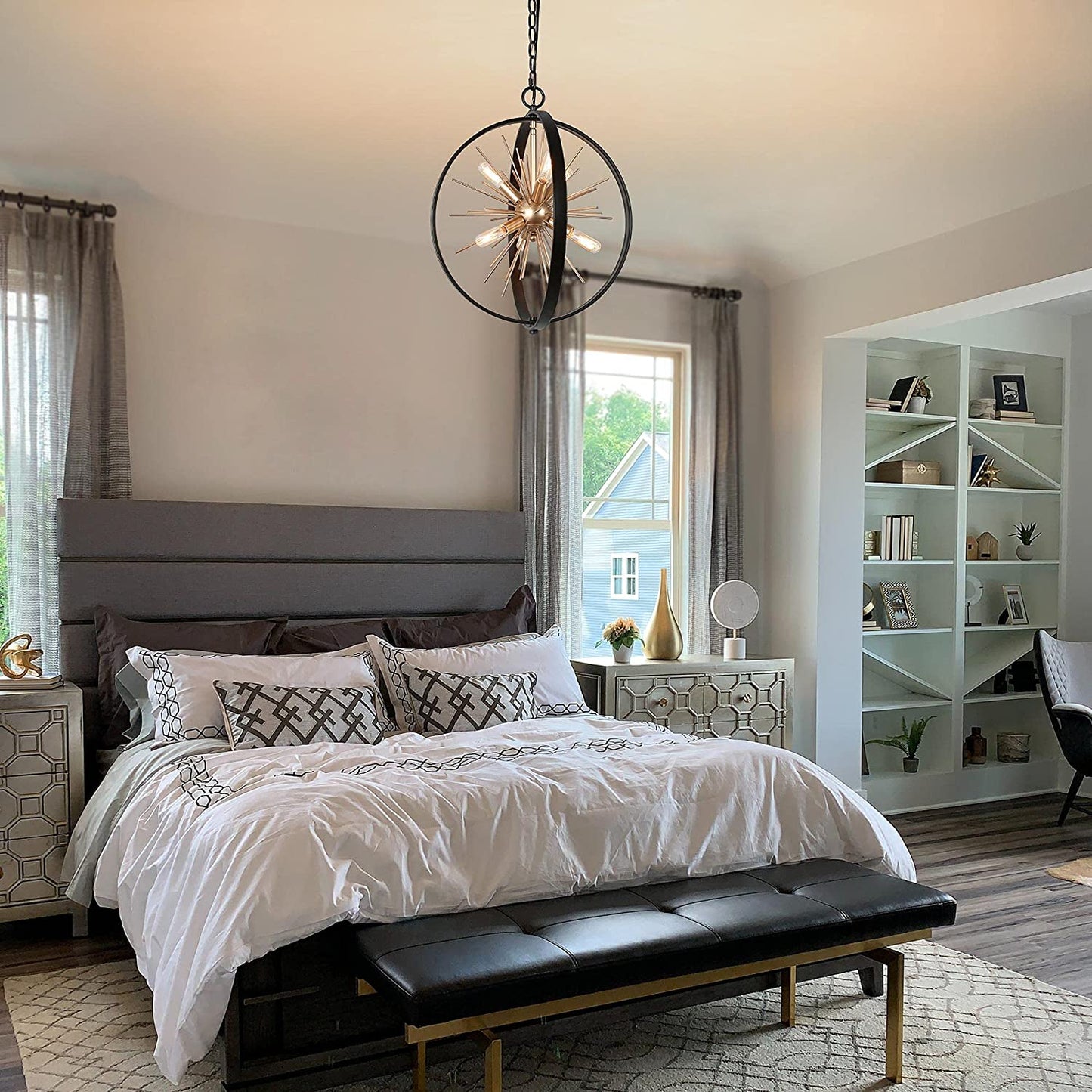 Mid Century Black and Gold Chandelier, 6-Light Chandelier