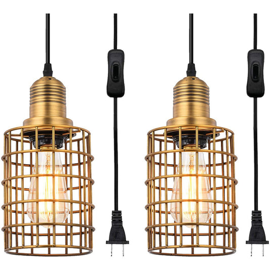2 Pack Gold Cage Pendant Light with Plug in