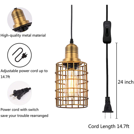 2 Pack Gold Cage Pendant Light with Plug in